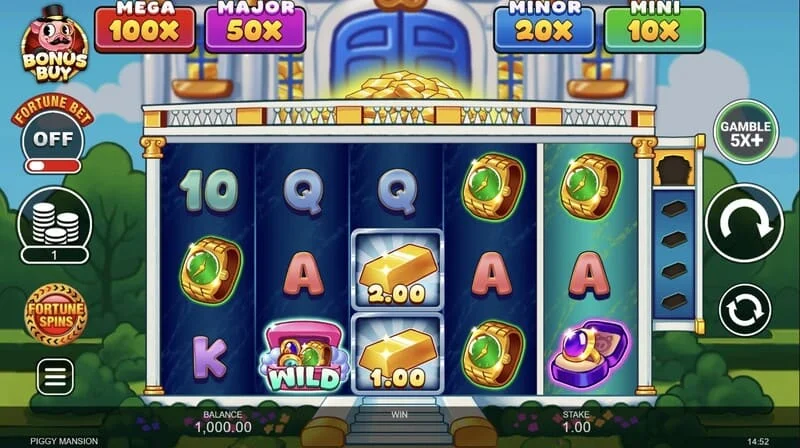 Piggy Mansion – schermata di gioco con griglia 5x3 e simboli di denaro